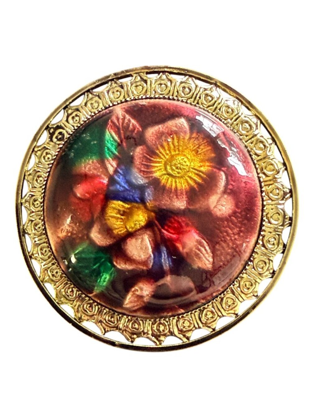 Vintage Reverse Carved Lucite‎ Brooch Gold Tone Floral Pin 1950s New Old Stock